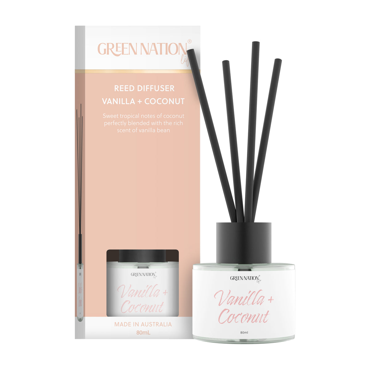 Green Nation Life Vanilla Coconut reed diffuser with gift box, 80mL, made in Australia