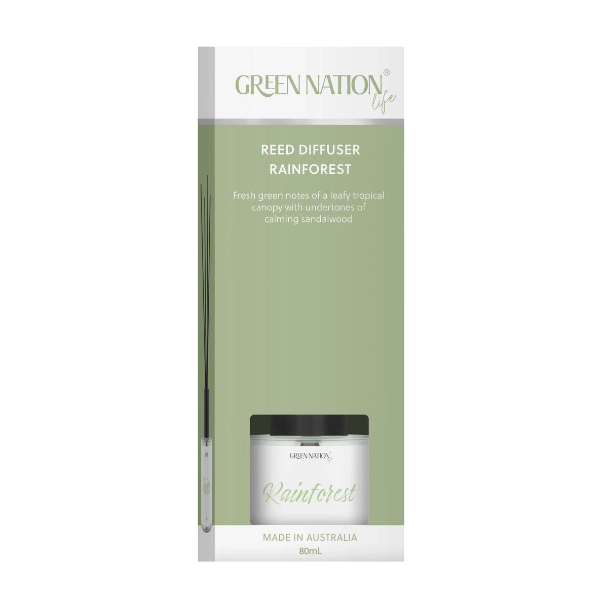 Green Nation Life Reed Diffuser Rainforest box, green packaging with product photo, 80mL