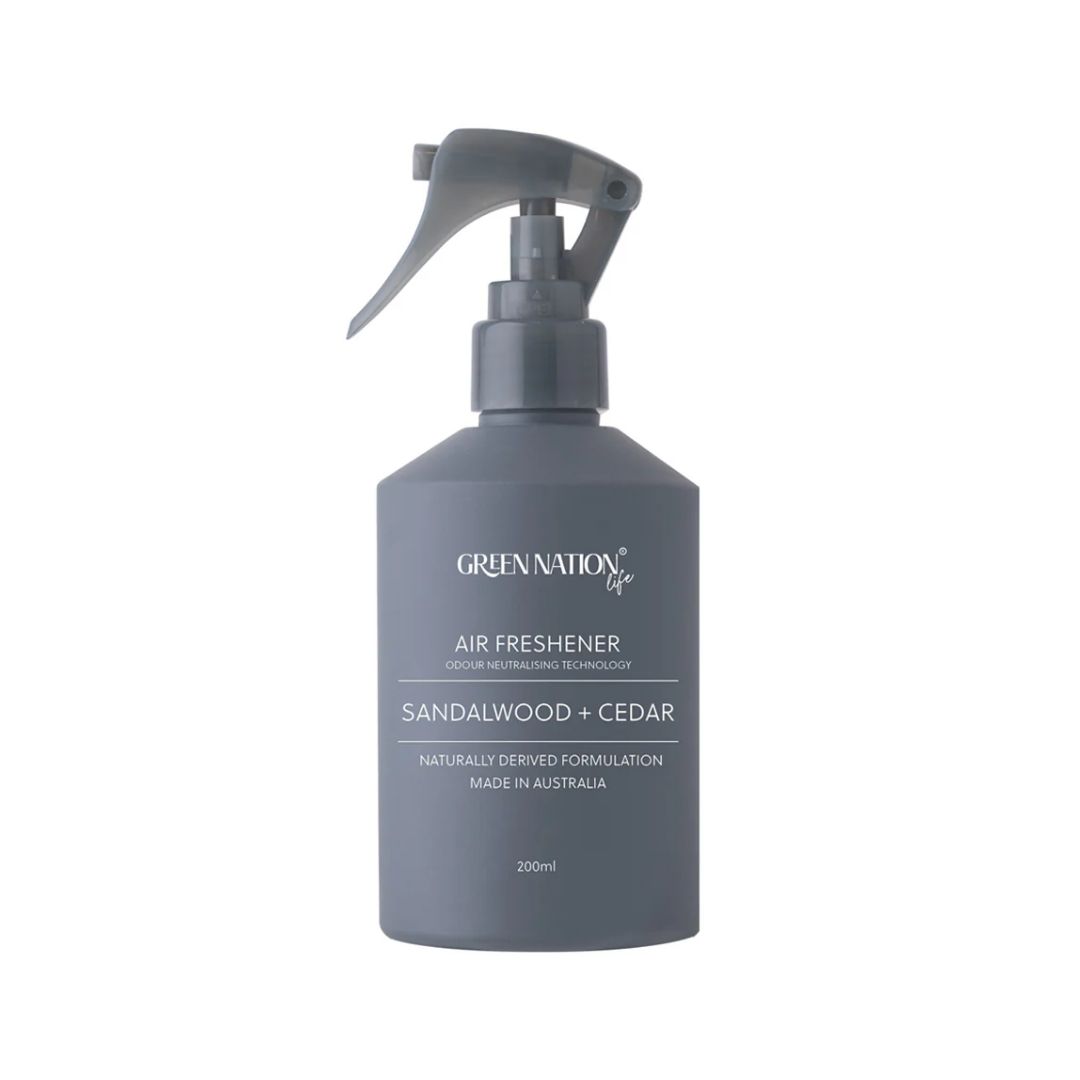 Green Nation Life air freshener bottle sandalwood cedar scent, grey spray pump, 200ml