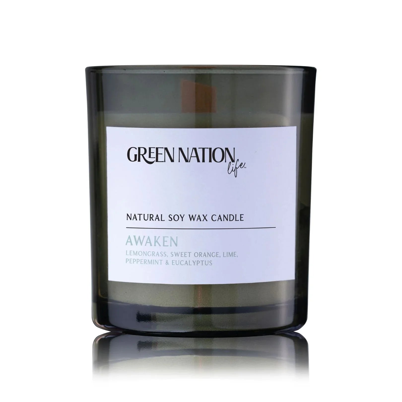 Green Nation Life Awaken natural soy wax candle in glass jar with white label