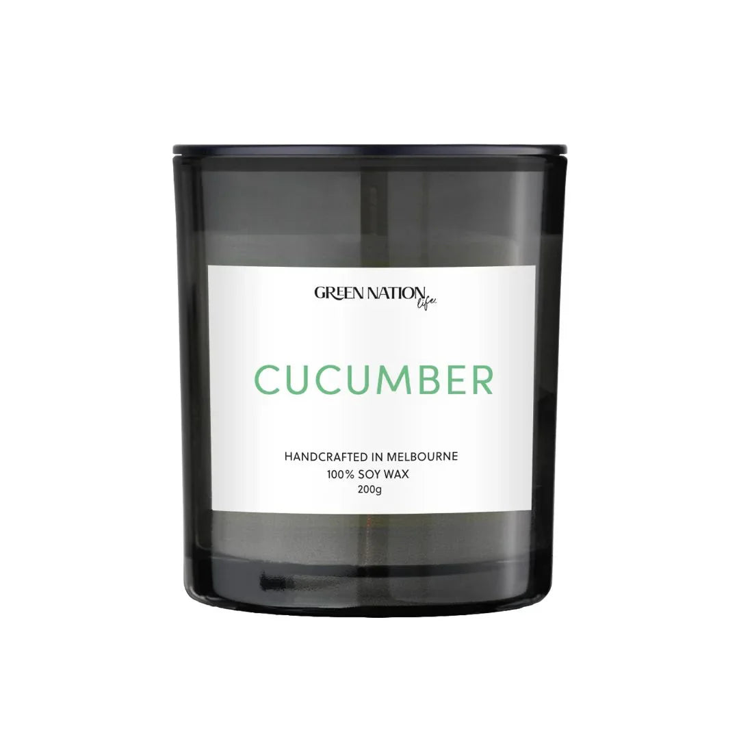 Cucumber soy wax candle in black glass jar, handcrafted in Melbourne, 200g by Green Nation Life