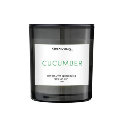 Cucumber soy wax candle in black glass jar, handcrafted in Melbourne, 200g by Green Nation Life