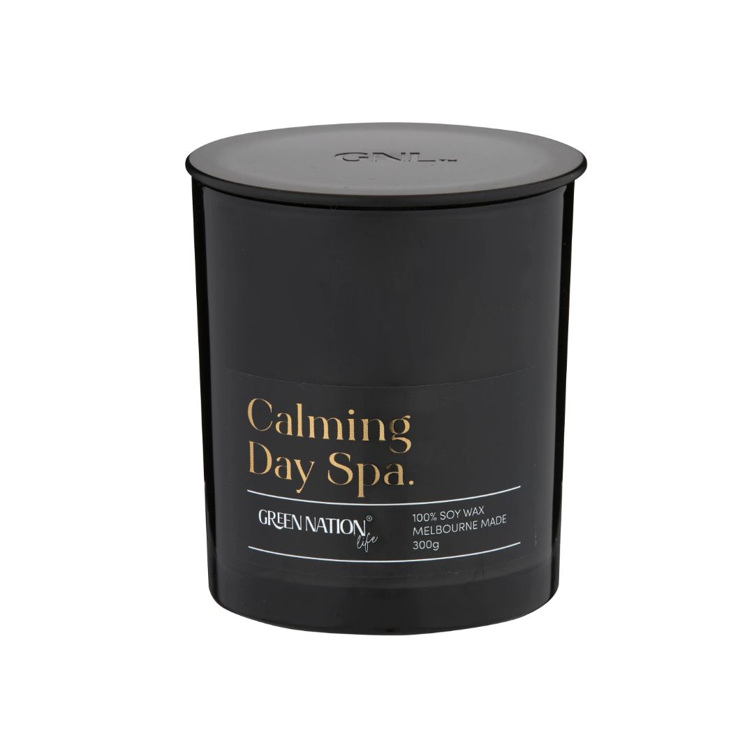 Calming Day Spa black soy wax candle by Green Nation Life, 300g, Melbourne made.