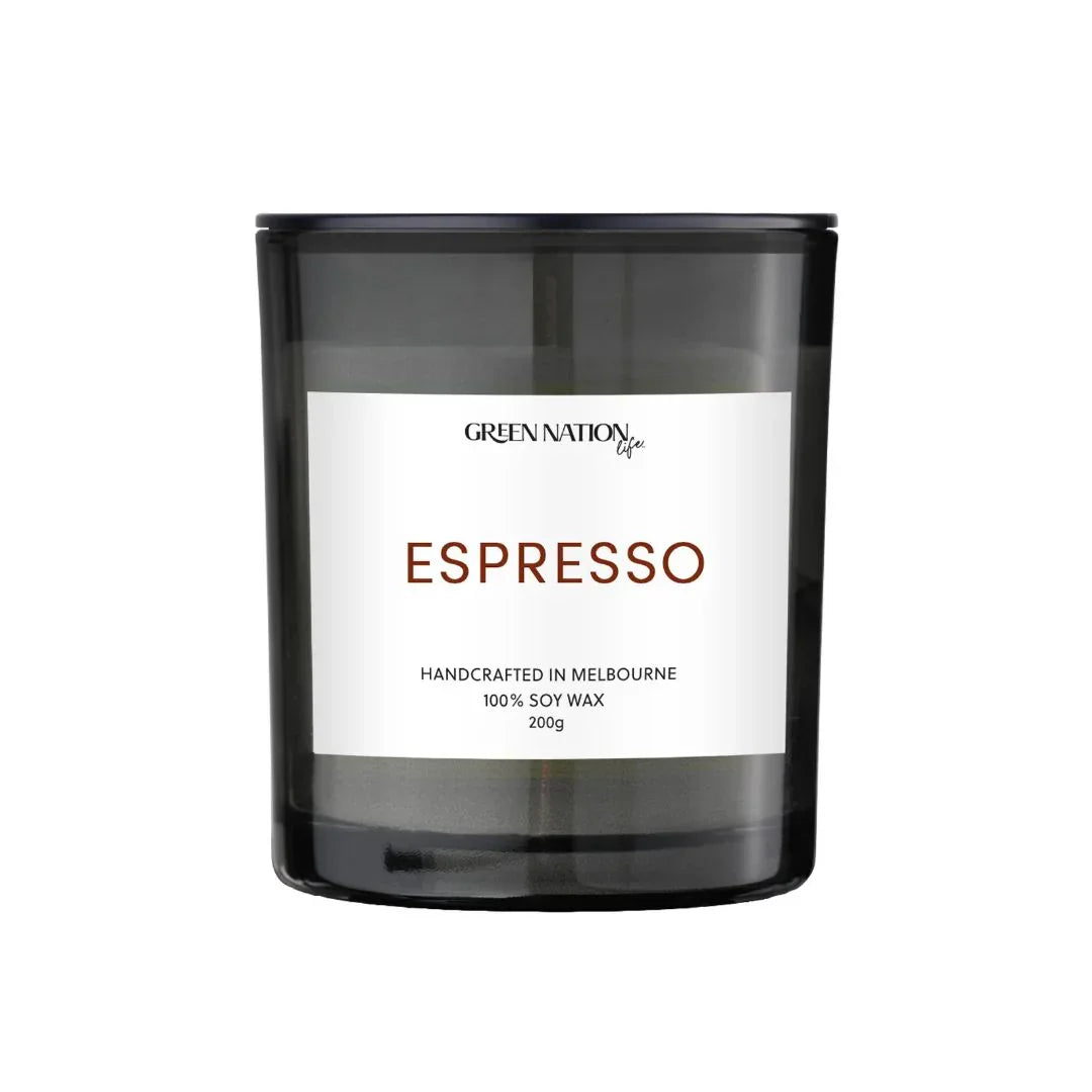 Espresso soy wax candle in a black glass jar, handcrafted in Melbourne, 200g by Green Nation Life