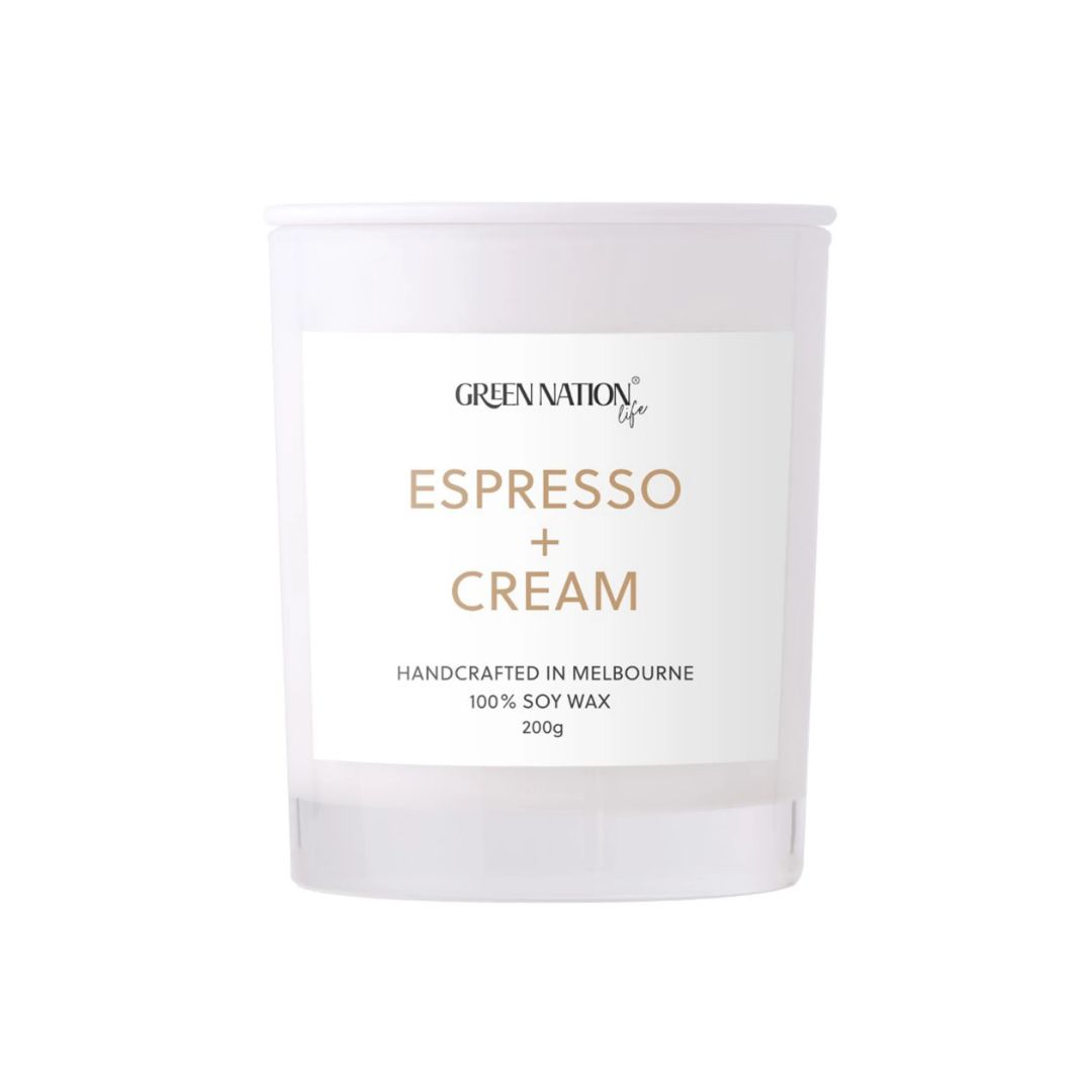 Espresso cream soy wax candle in clear jar, handcrafted in Melbourne by Green Nation Life