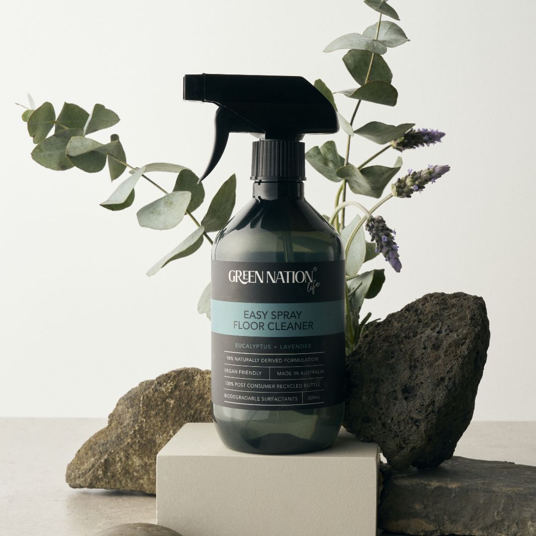 Green Nation Easy Spray Floor Cleaner bottle with eucalyptus, lavender, and rocks