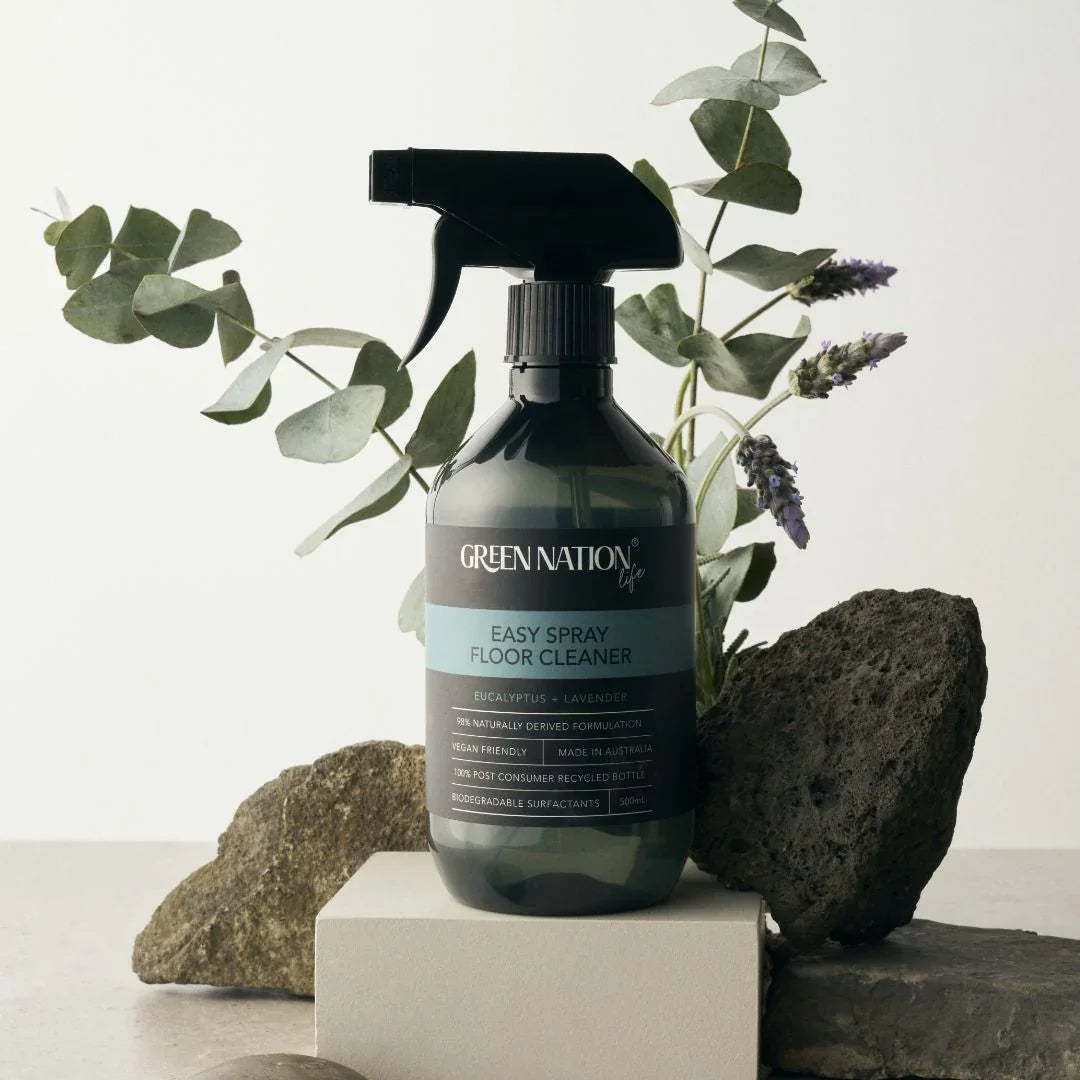 Green Nation Easy Spray Floor Cleaner bottle with eucalyptus, lavender, and rocks