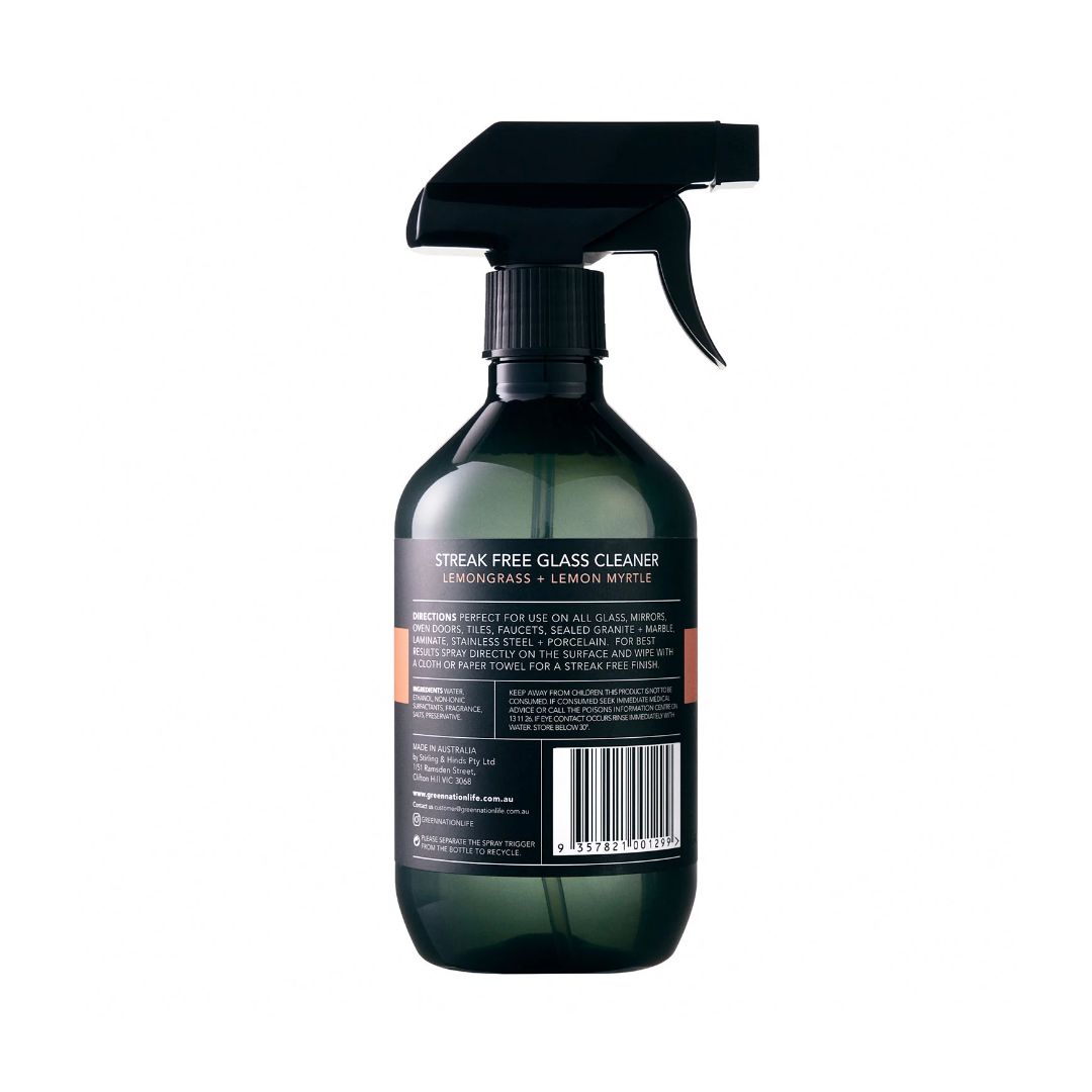 Streak Free Glass Cleaner spray bottle, lemongrass and lemon myrtle, black label, white background
