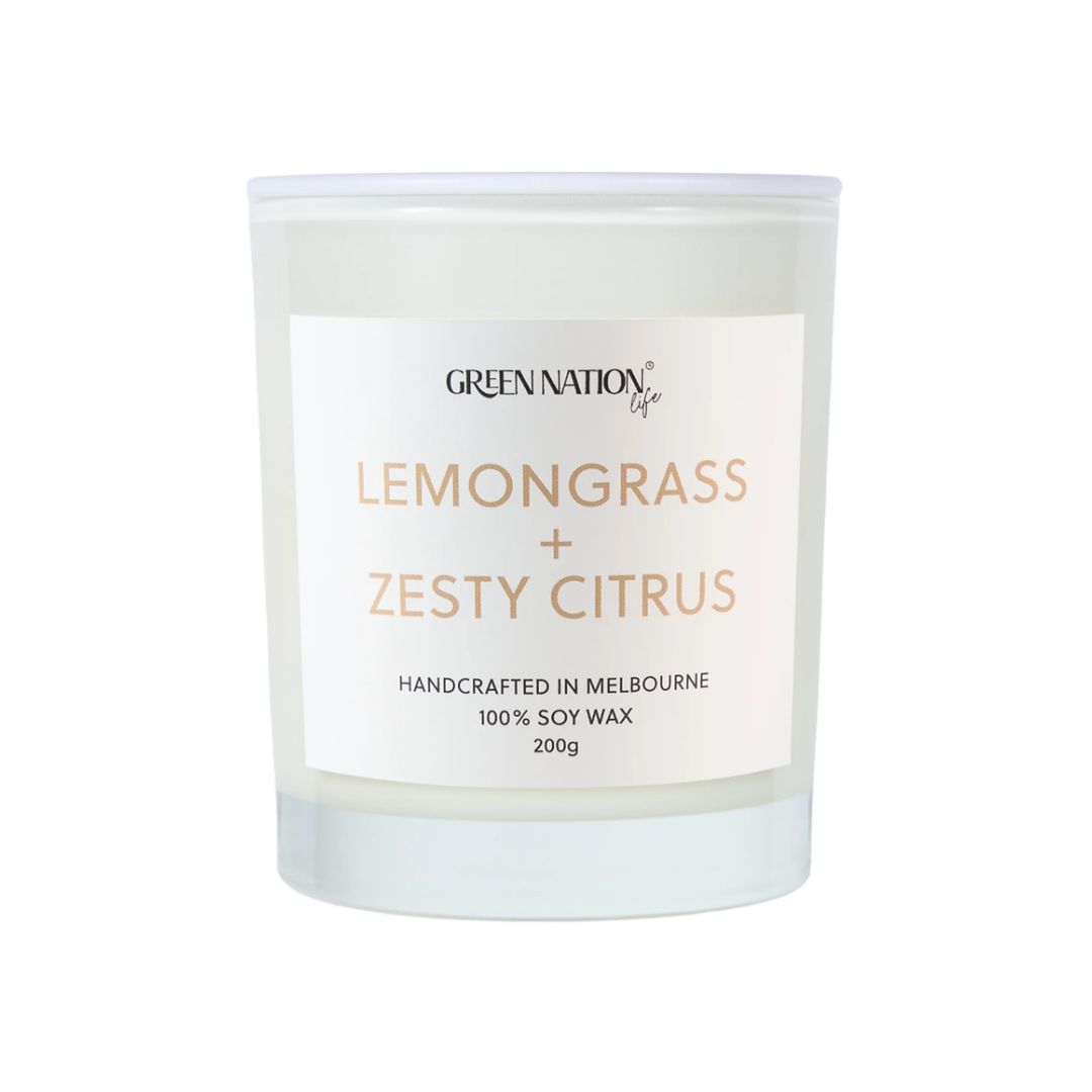 Green Nation Life lemongrass zesty citrus soy wax candle, 200g, clear glass jar