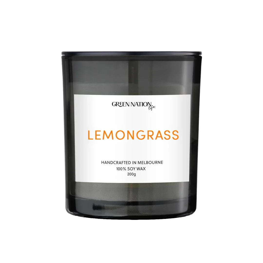 Lemongrass scented soy wax candle in black glass jar, handcrafted in Melbourne, 200g