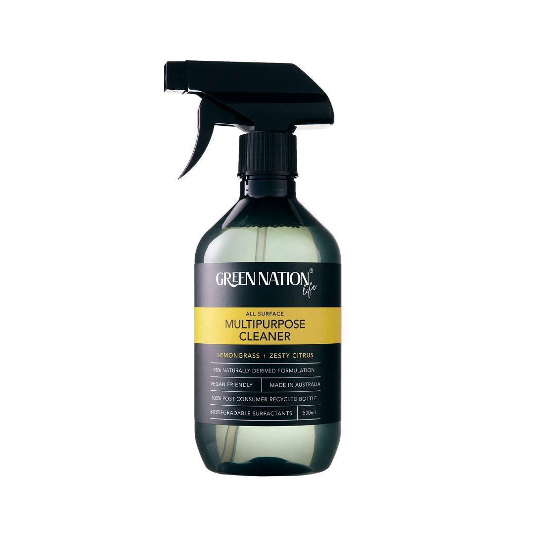 Green Nation Life All Surface Multipurpose Cleaner bottle with yellow label, lemongrass zesty citrus scent