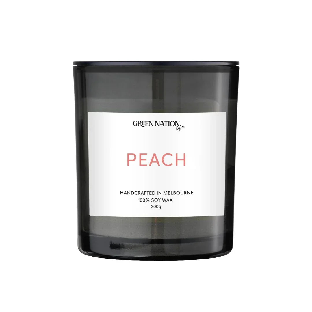 Peach soy wax candle in black glass jar, handcrafted in Melbourne, 200g by Green Nation Life