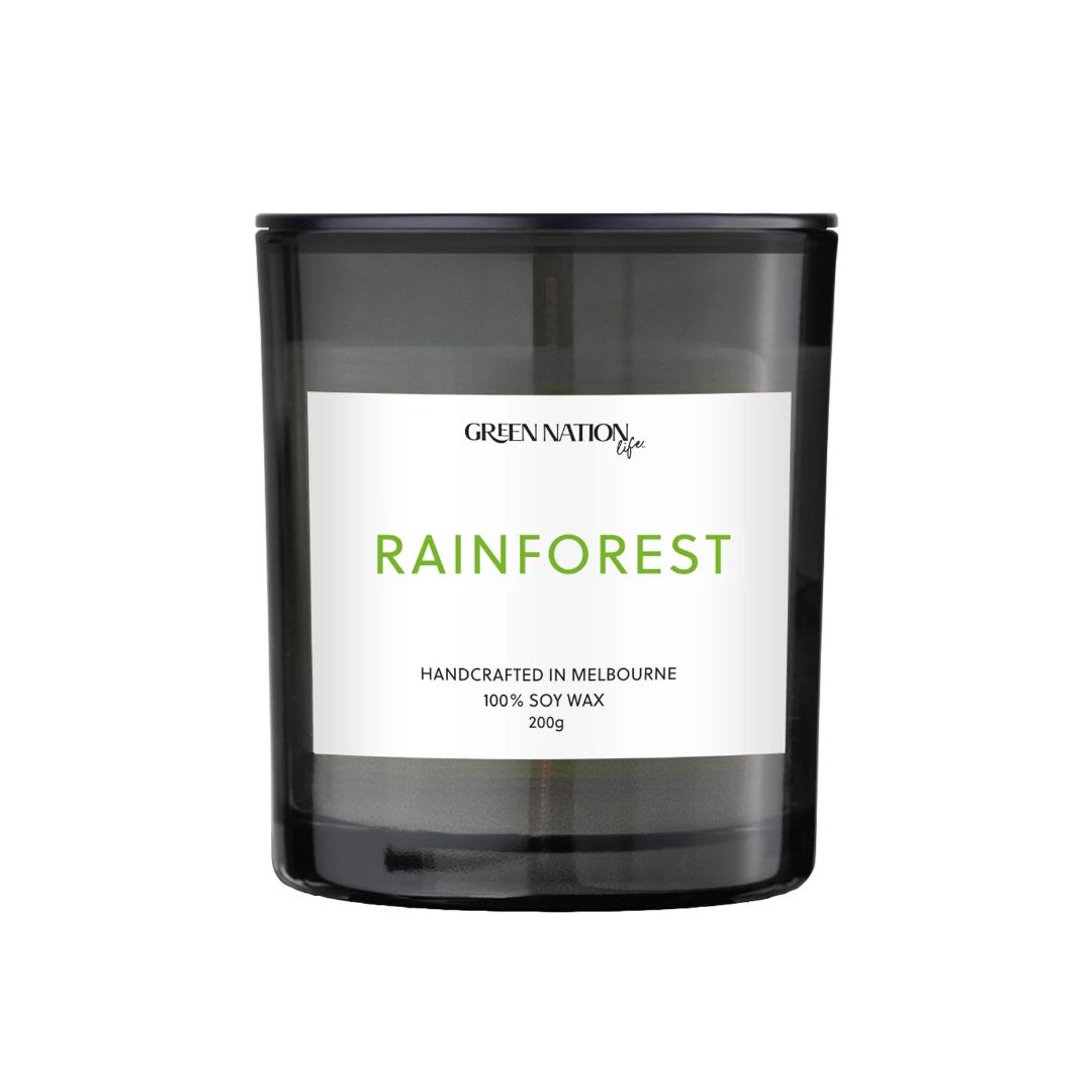 Rainforest soy wax candle in black glass jar, handcrafted in Melbourne, 200g, Green Nation Life