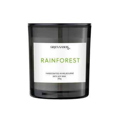 Rainforest soy wax candle in black glass jar, handcrafted in Melbourne, 200g, Green Nation Life