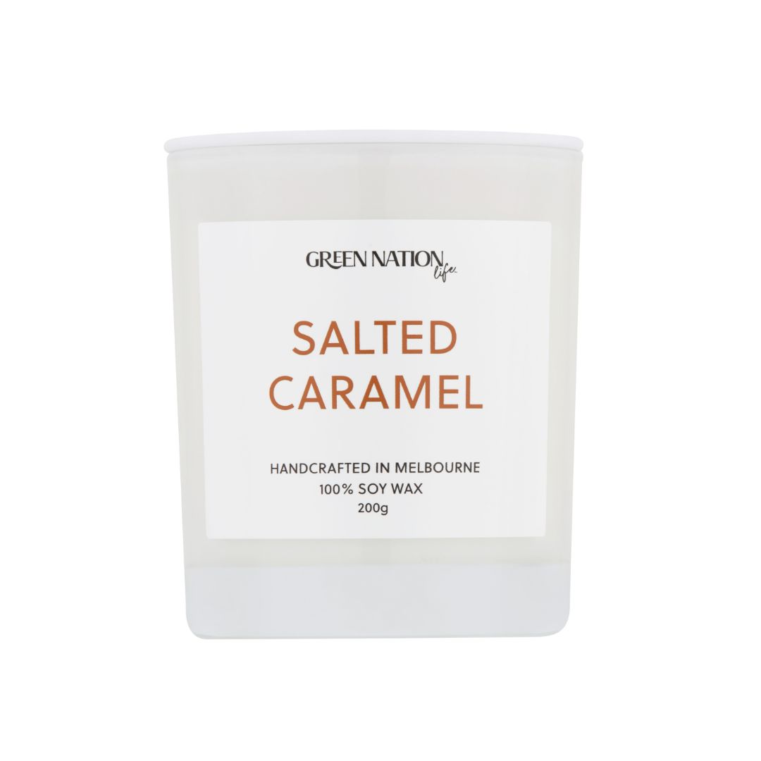 Green Nation Salted Caramel 100% soy wax candle in white glass jar, 200g