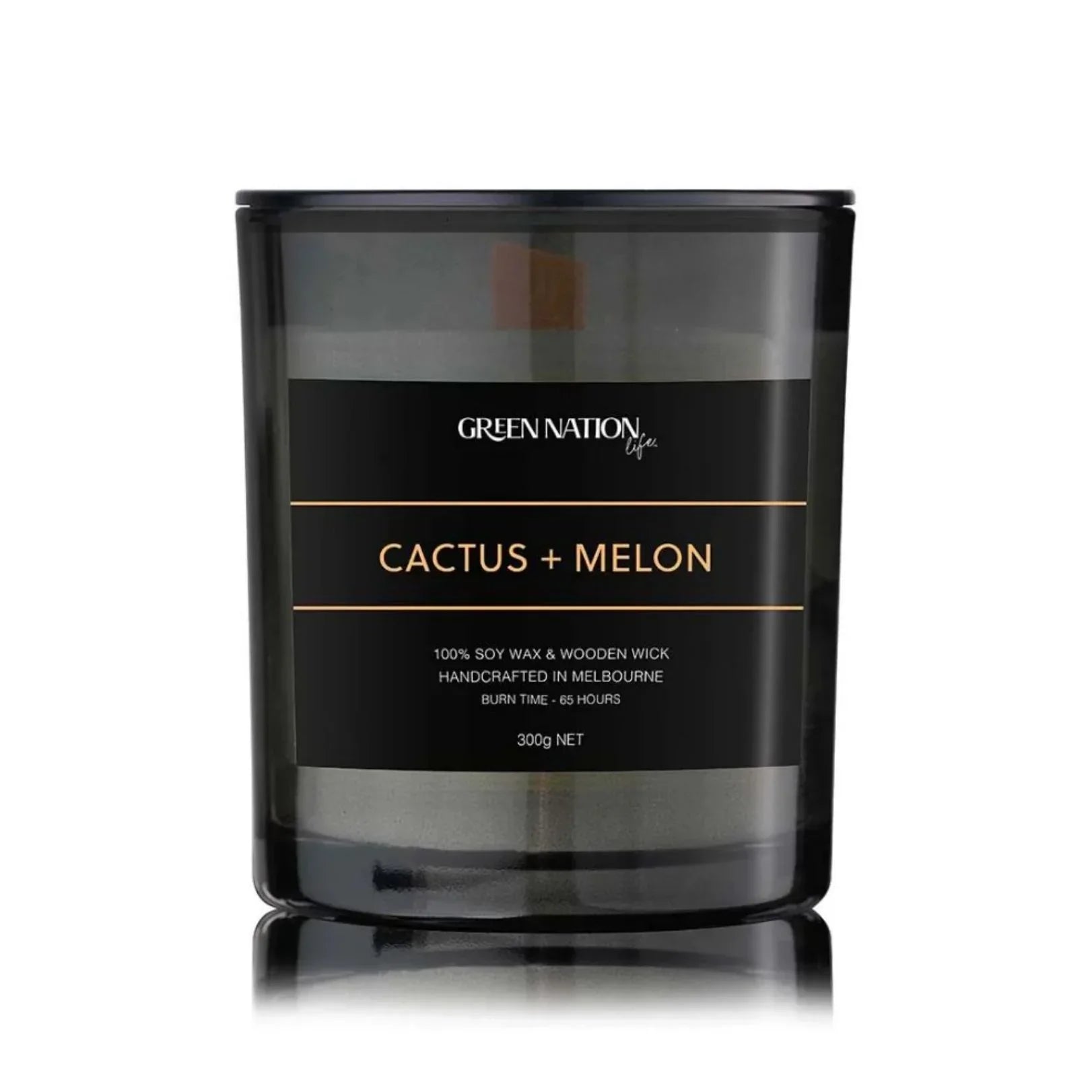 Cactus Melon scented soy candle in black glass jar, Green Nation Life label