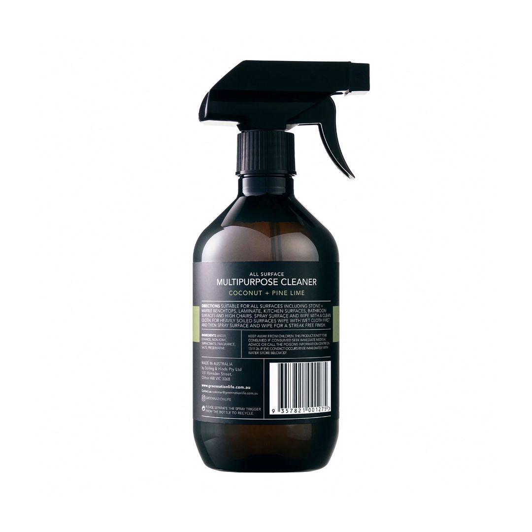 Multipurpose cleaner spray bottle rear label, coconut pine lime scent, black trigger nozzle
