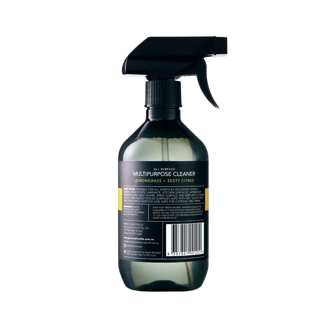 Back of multipurpose cleaner spray bottle with lemongrass zesty citrus label and barcode