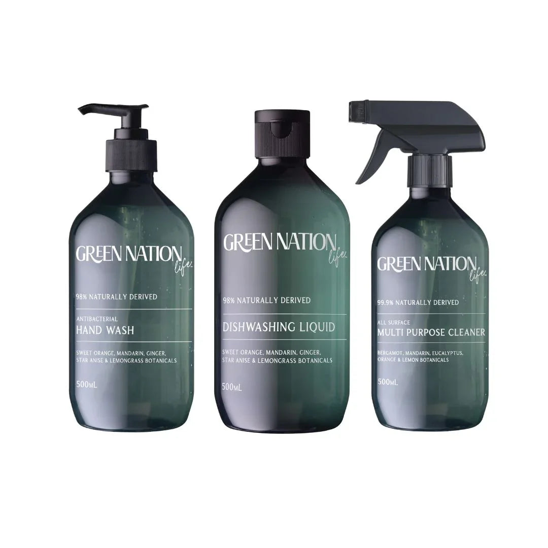 Green Nation Life antibacterial hand wash, dishwashing liquid, and multi-purpose cleaner bottles