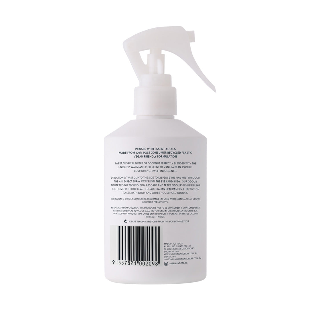 Back of white spray bottle with barcode, product information, and recycling details printed.
