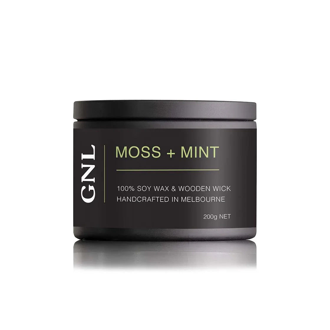GNL Moss + Mint soy candle with black tin, 200g, handcrafted in Melbourne