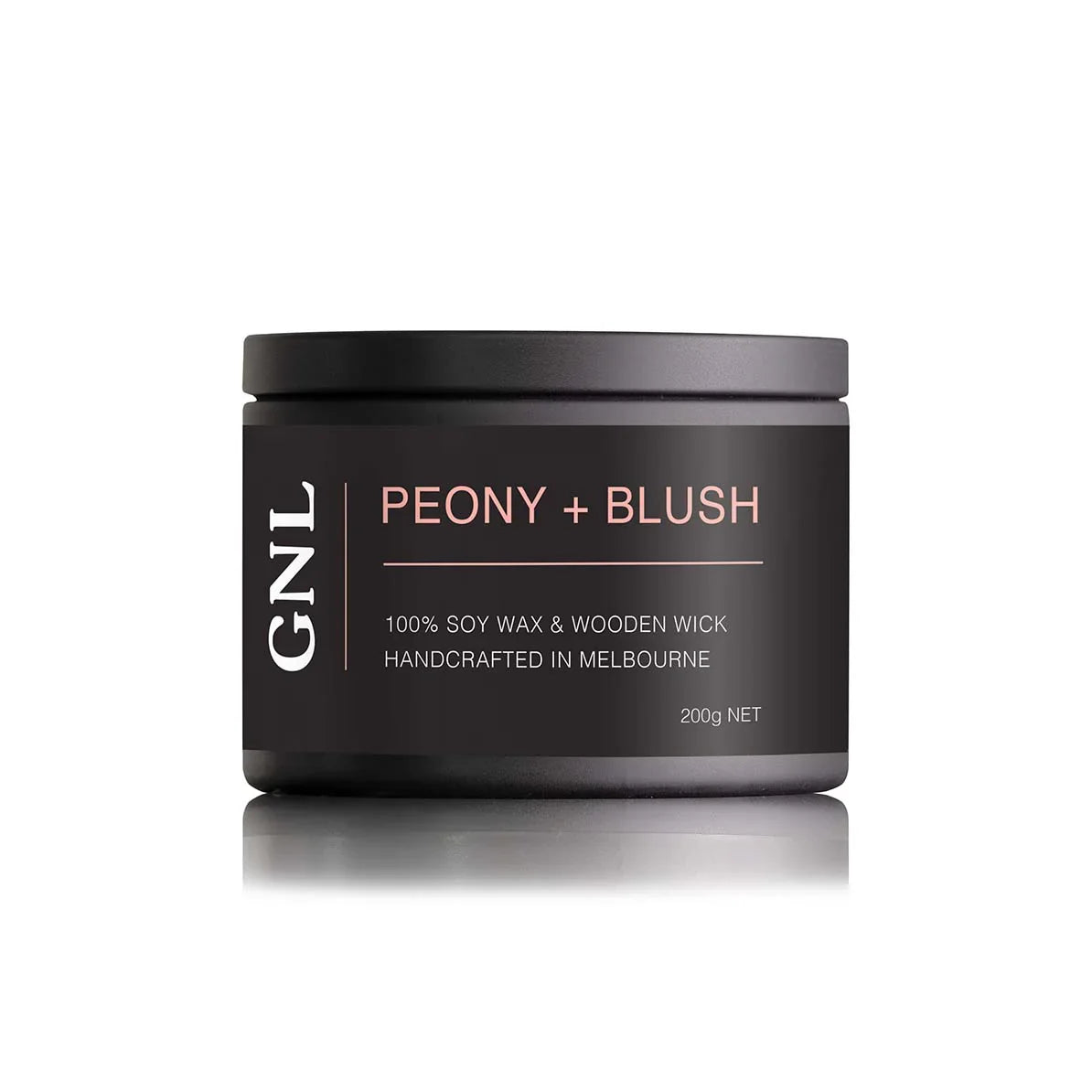 GNL Peony + Blush soy candle tin with wooden wick, black label, handcrafted in Melbourne