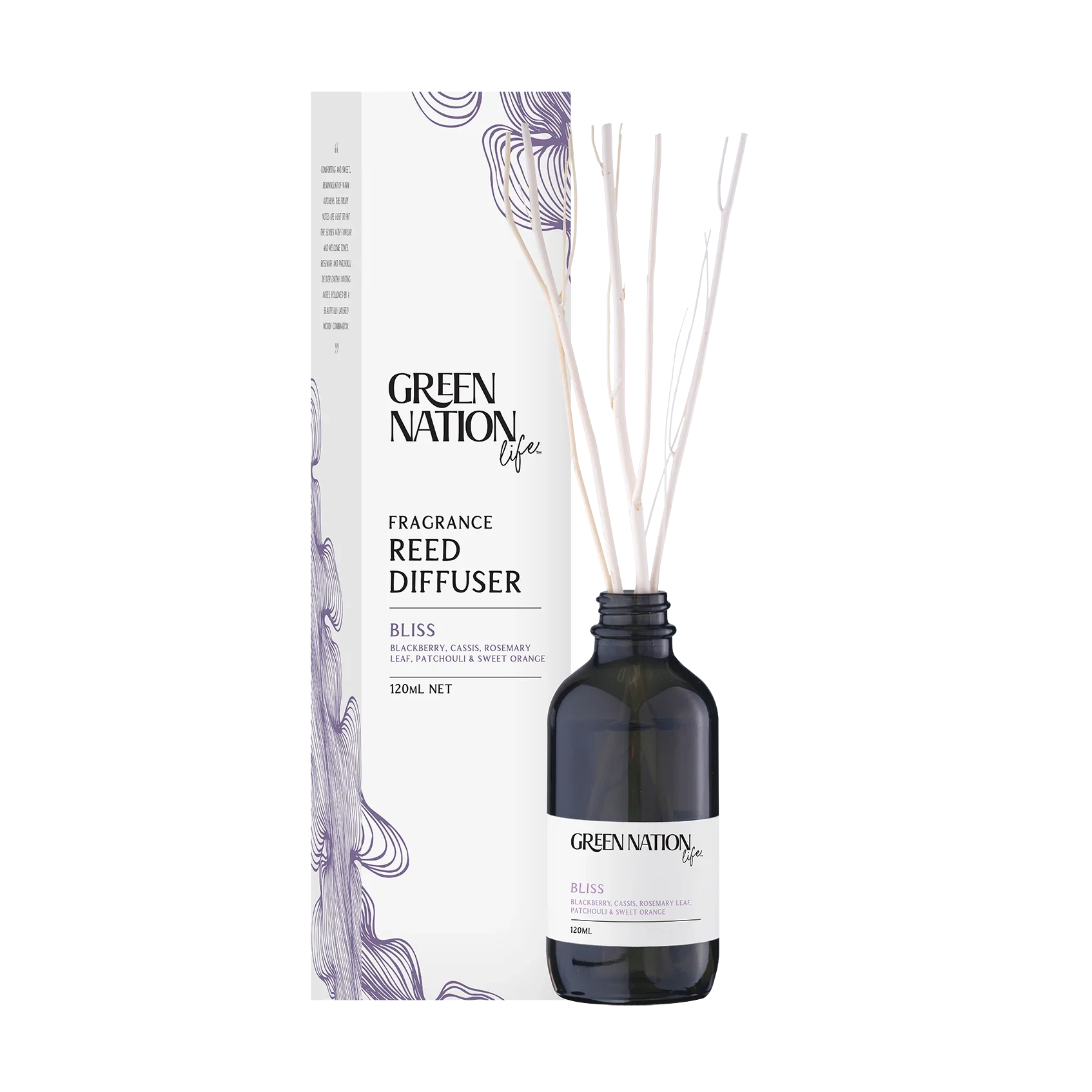Green Nation Life Bliss fragrance reed diffuser with box and dark glass bottle