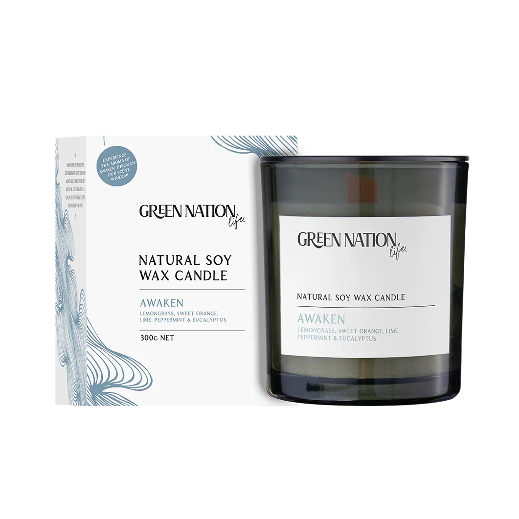 Green Nation Life Awaken natural soy wax candle with box, 300g, lemongrass and citrus scent