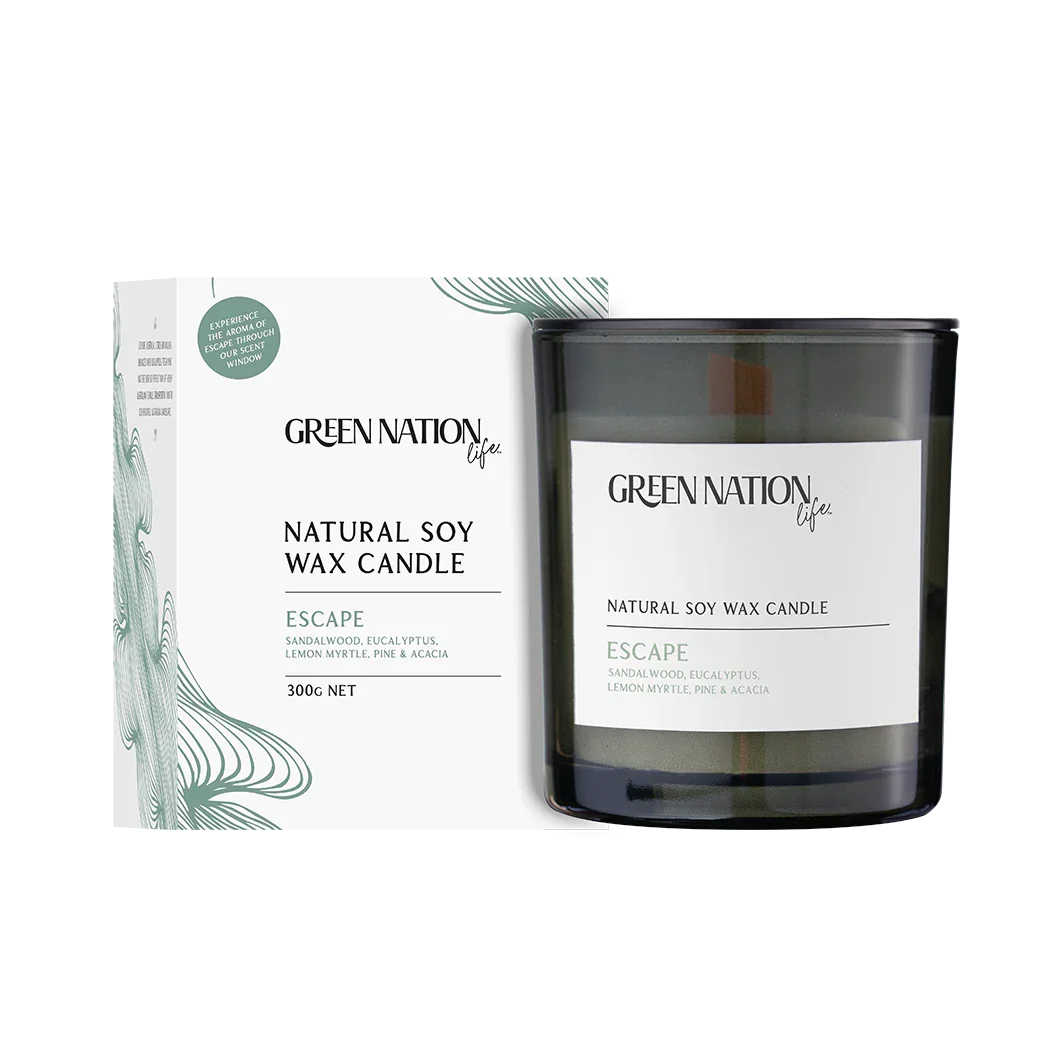 Green Nation Life Escape natural soy wax candle with box, sandalwood eucalyptus scent