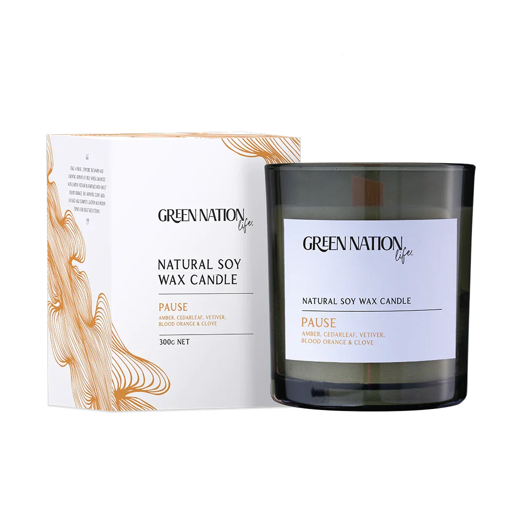 Green Nation Life Pause natural soy wax candle with box, amber cedarleaf vetiver scent