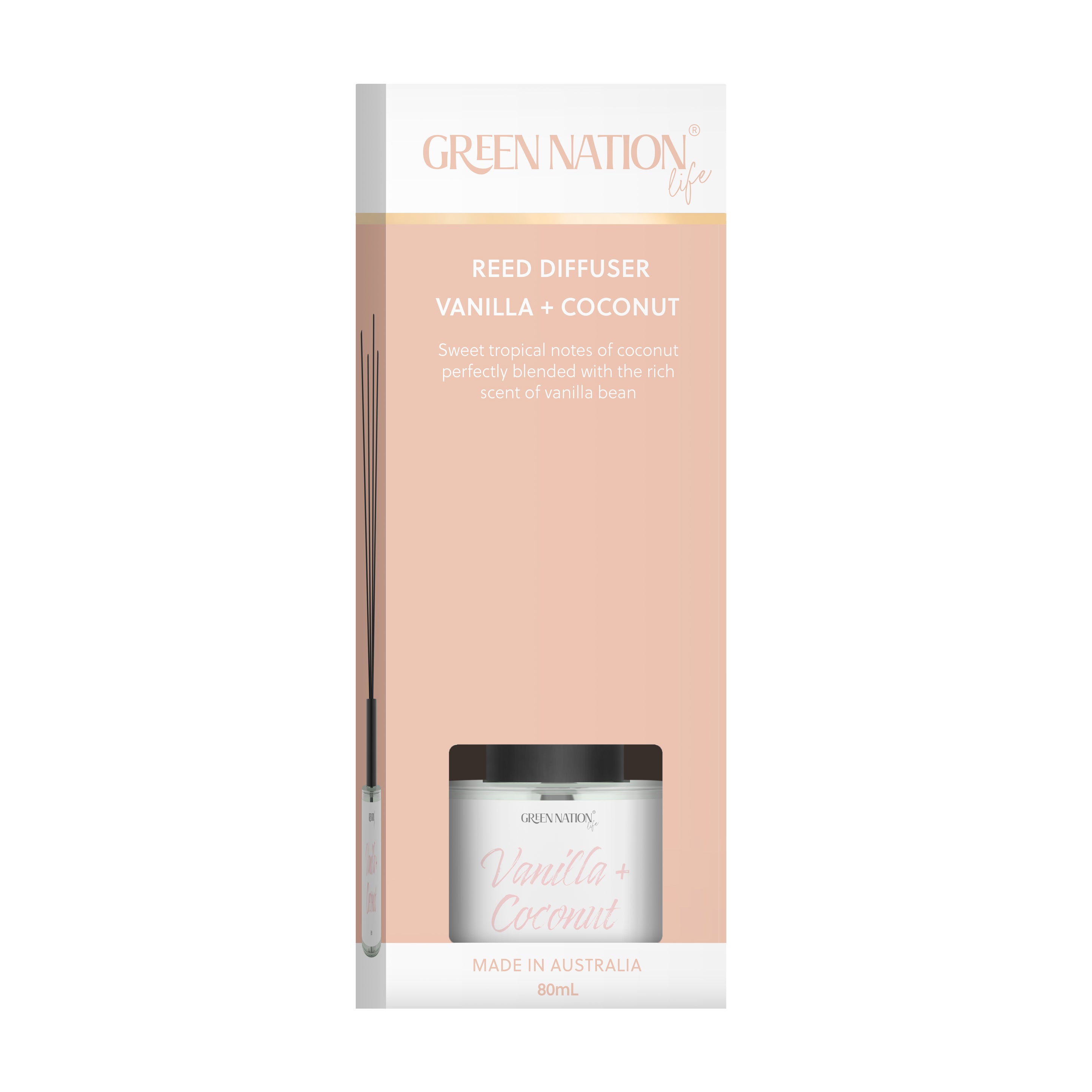 Green Nation Life Vanilla Coconut reed diffuser box front, 80mL, made in Australia.