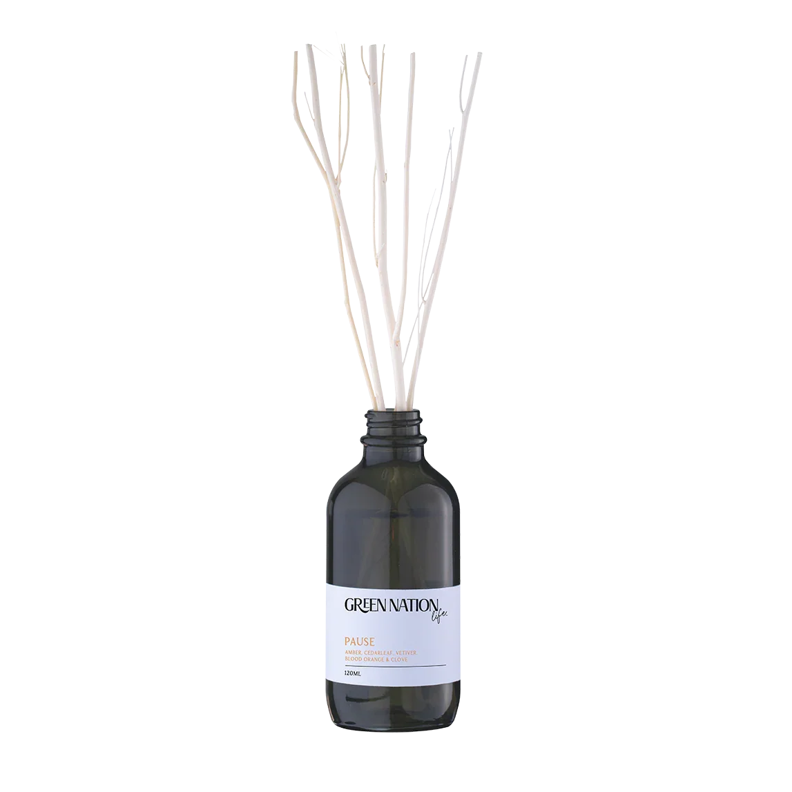 Green Nation Life Pause reed diffuser in dark glass bottle with label and natural reeds