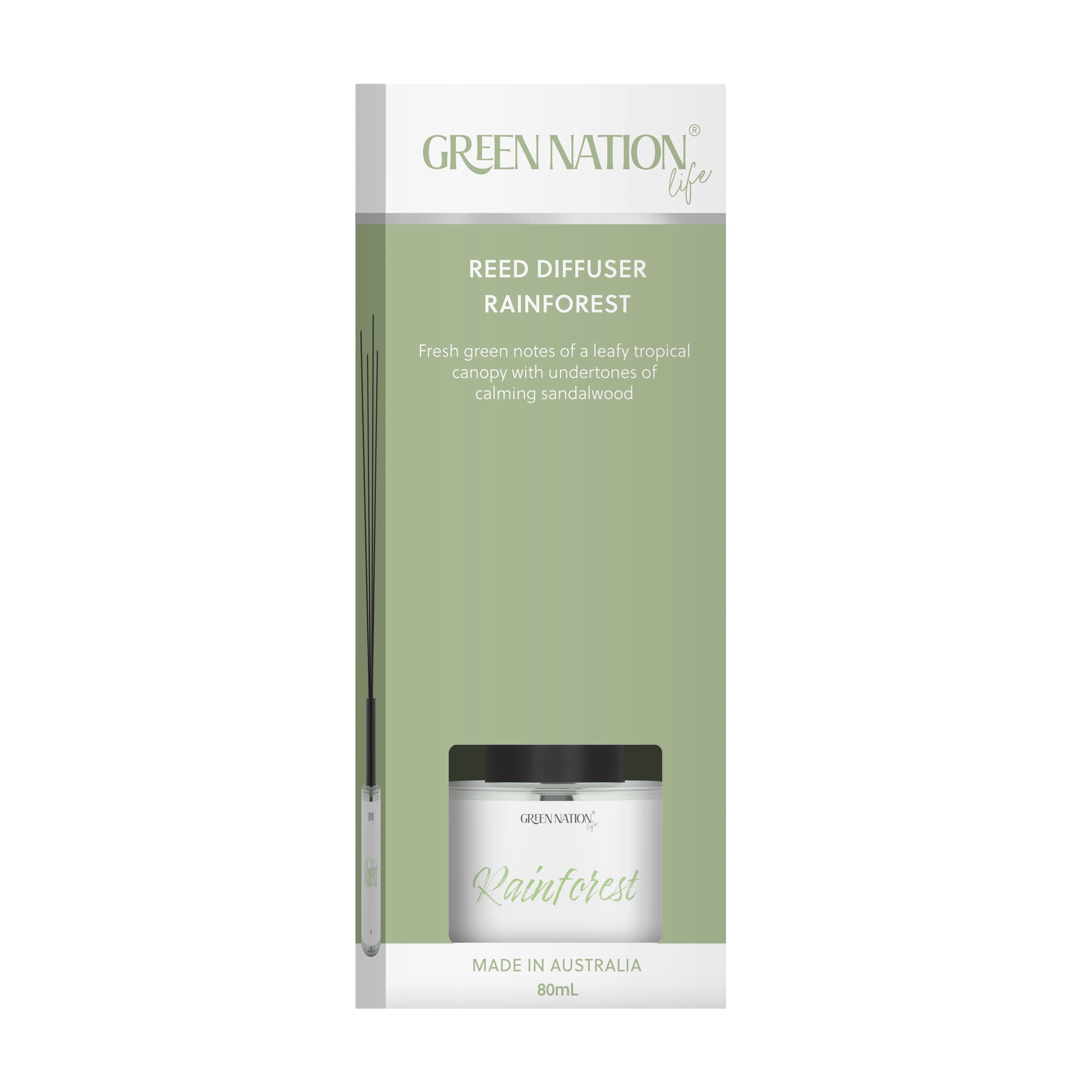 Green Nation Life Reed Diffuser Rainforest box, green packaging with product photo, 80mL