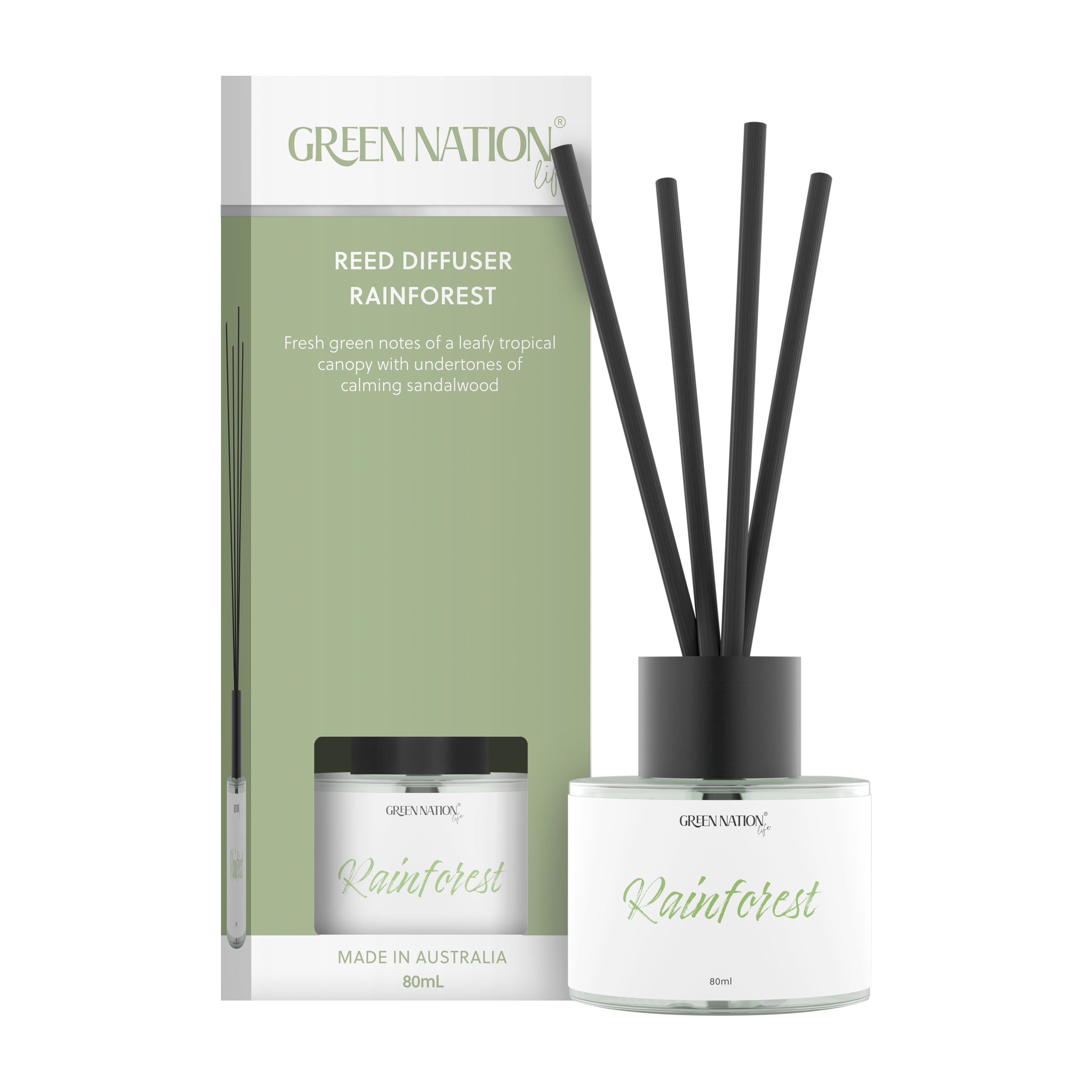 Green Nation Life Rainforest reed diffuser and box, 80ml, with black sticks and green label.