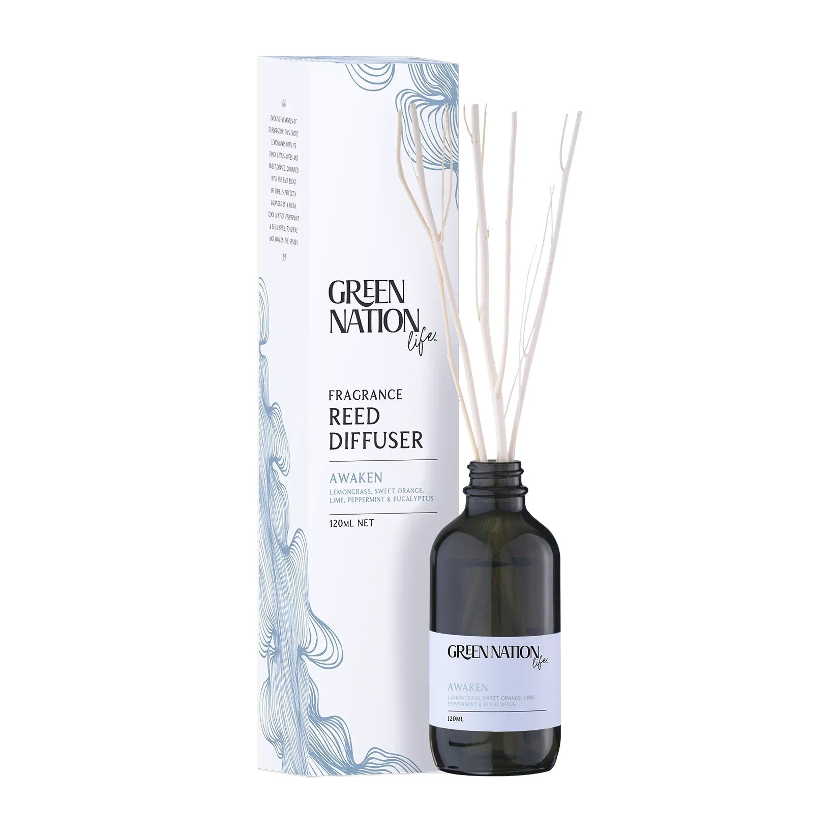 Green Nation Life Awaken fragrance reed diffuser with box, dark bottle and sticks