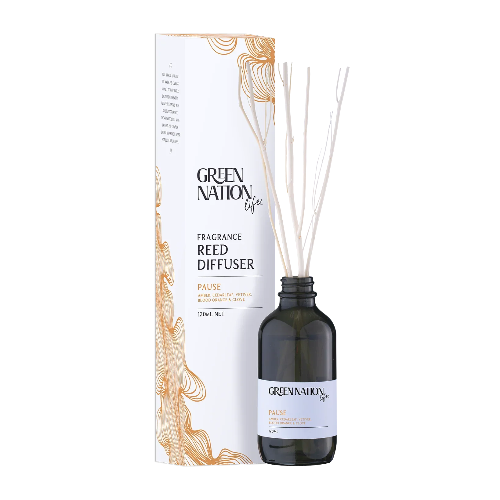 Green Nation Life Pause fragrance reed diffuser with amber, cedarleaf, vetiver, and box