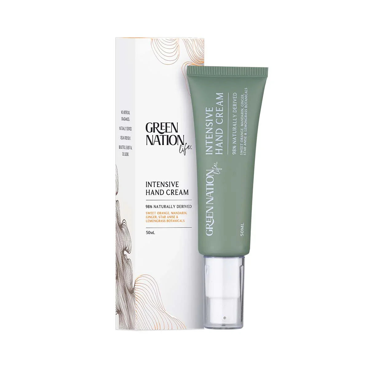 Green Nation Life Intensive Hand Cream 50ml with product box, natural skincare