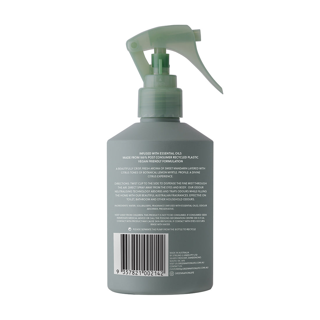 Green spray bottle with trigger nozzle, product label and barcode on white background