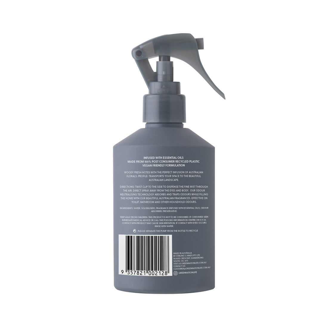 Grey spray bottle with trigger nozzle, back label text and barcode on white background