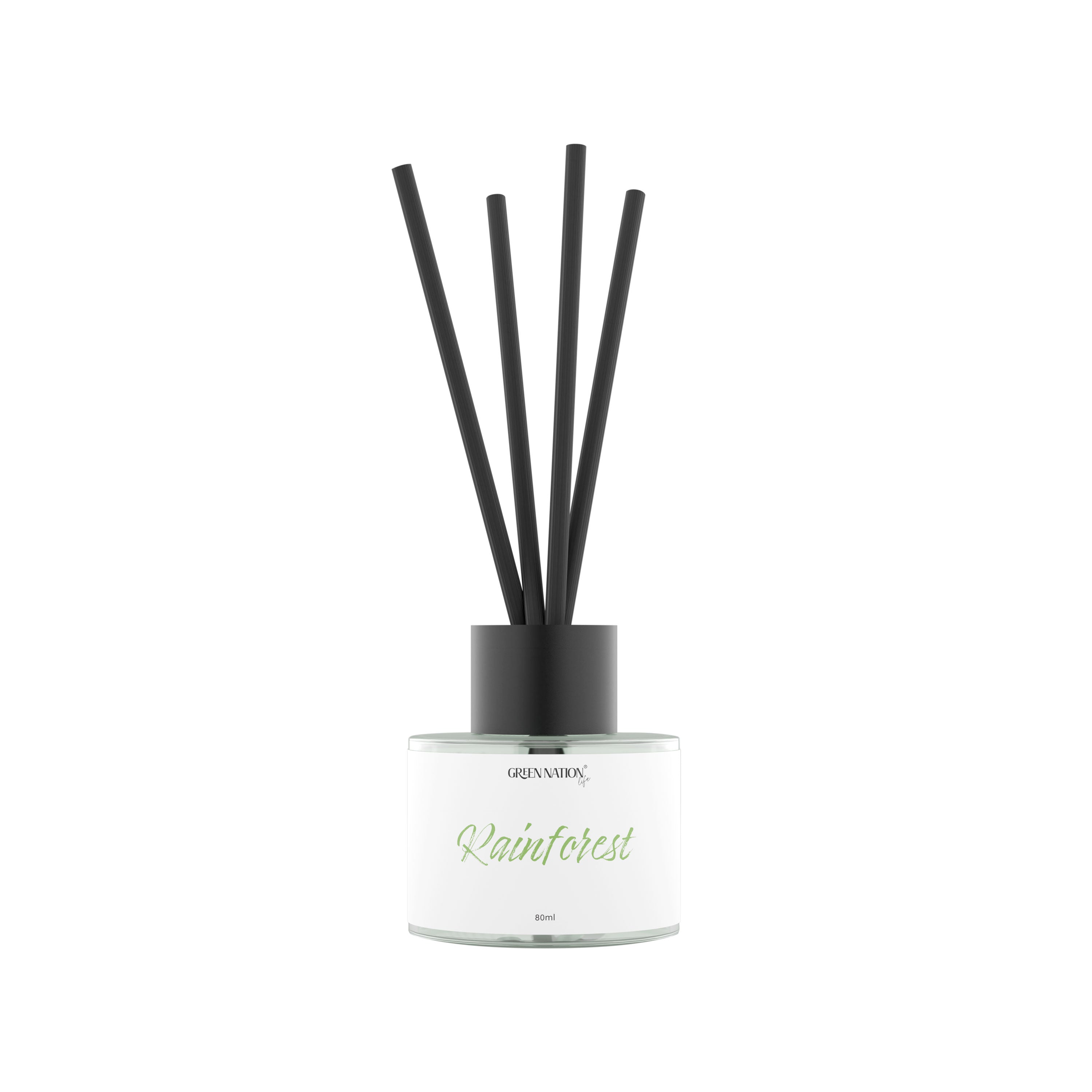 Rainforest reed diffuser with black sticks and clear glass bottle on white background
