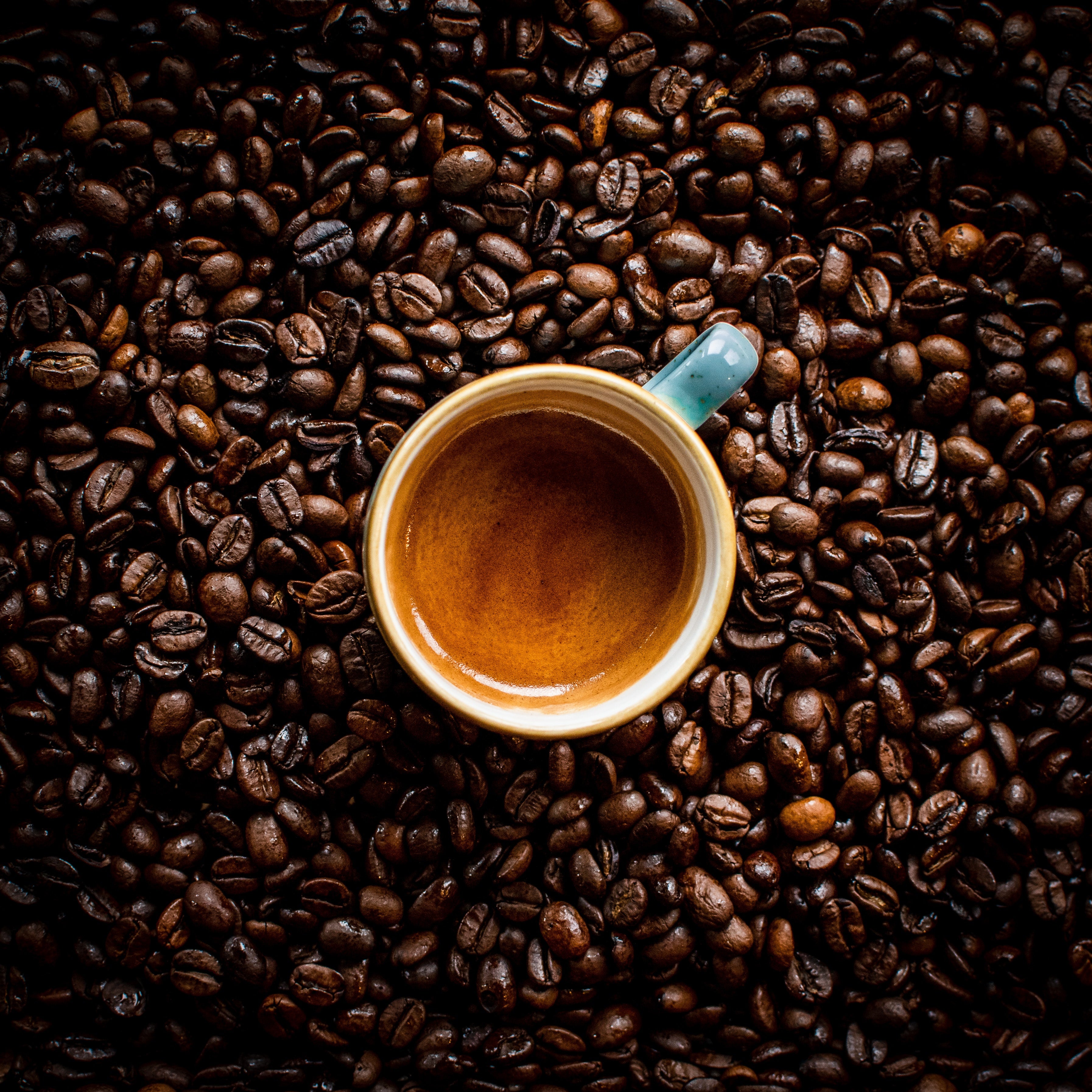 Cup of espresso on roasted coffee beans, cafe background, top view