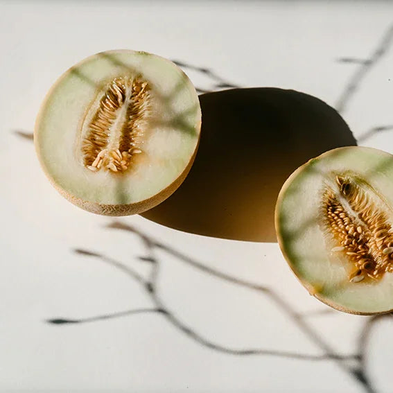 Sliced melon halves on white surface with natural light and soft plant shadows